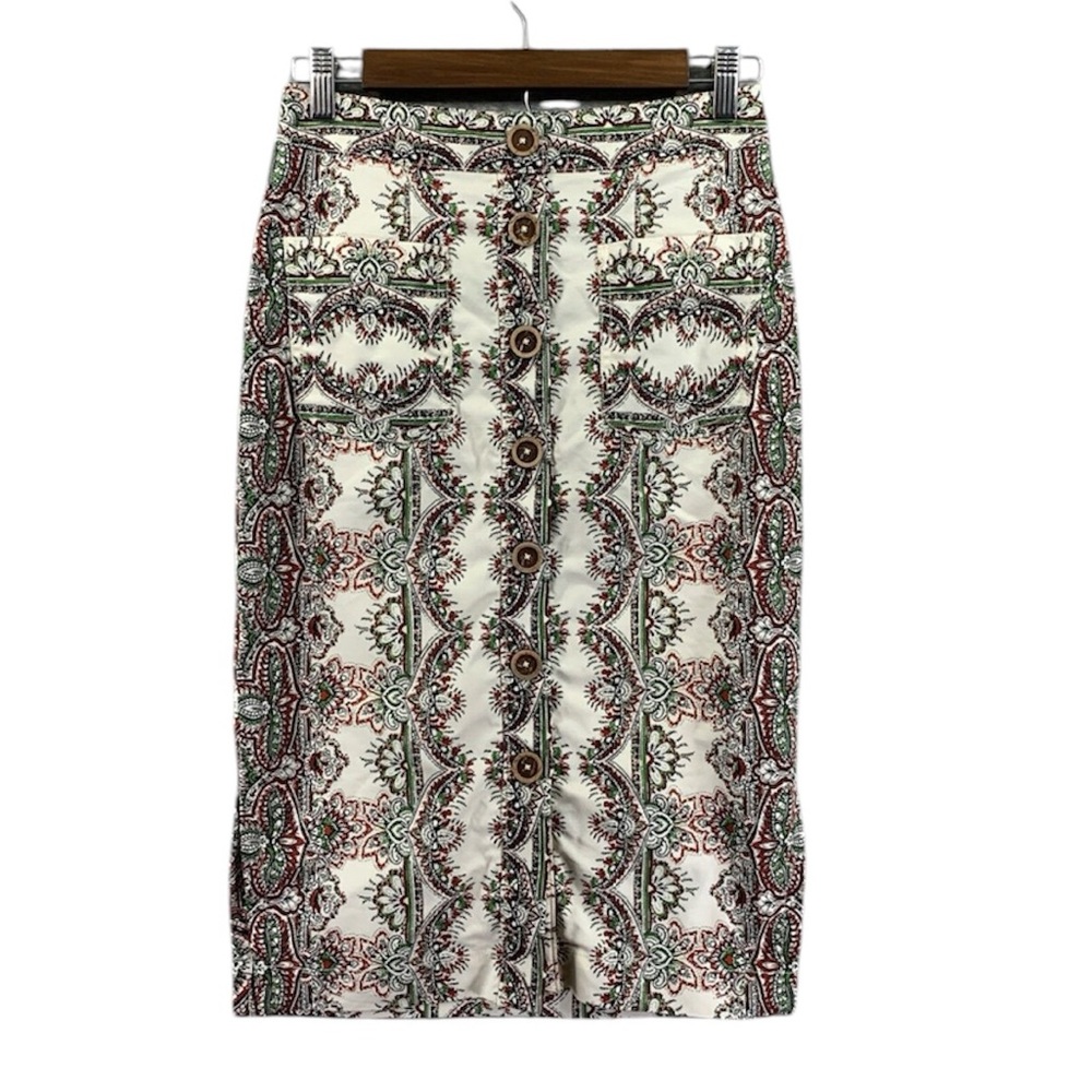 By anthropology Maeve button front cotton midi print skirt 10 ivory green red
